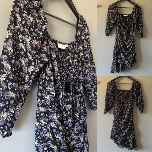 NWT ASTR RUCHED SWEETHEART 3/4 SLEEVE ASYMMETRICAL BLACK PURPLE DITSY DRESS SM - Picture 1 of 7